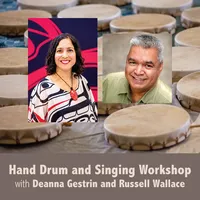 Hand Drums laid on the floor with photos of Deanna Gestrin and Russell Wallace